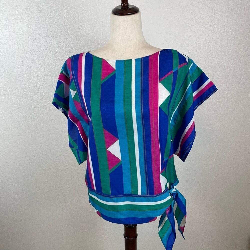 Vtg Blue Hawaii Blouse Womens S boxy bright multicolored side tie kimono sleeves